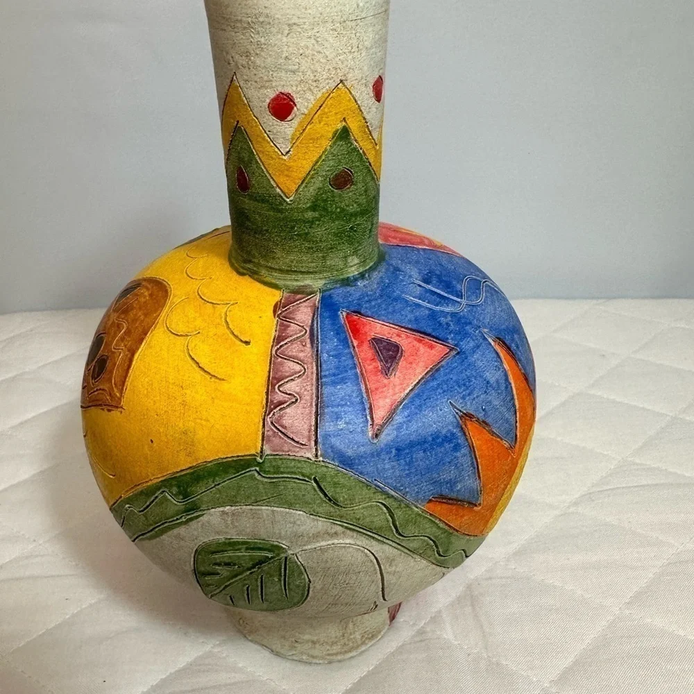 Handmade Clay Pottery Pitcher Signed Colorful Decorative Artwork